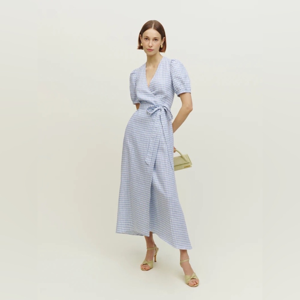 Reformation Weiss Linen Wrap Midi Dress XS in Blue Gingham. New without tags